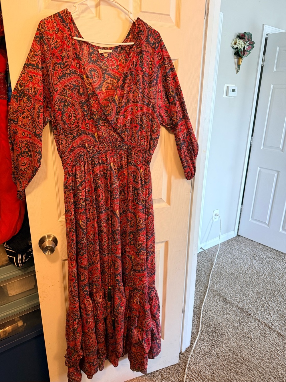 Bohemian Red Paisley Wrap Maxi Dress with Elastic Waist
